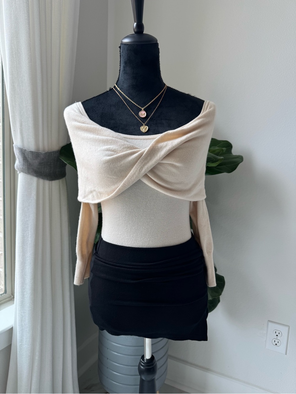 Express Cream Ribbed Neck Top - Picture 1 of 4
